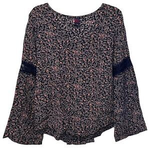 LUCY LOVE LONG FLARED SLEEVE BLOUSE, WOMENS, S, NAVY BLUE PINK PURPLE FLORAL